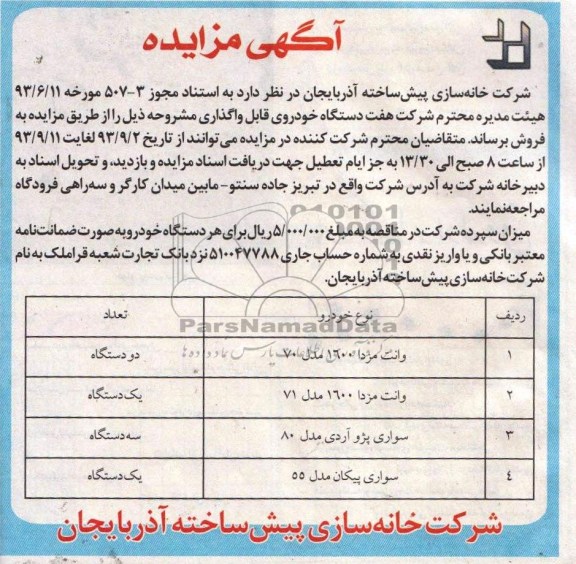 مزایده هفت دستگاه خودروی قابل واگذاری 