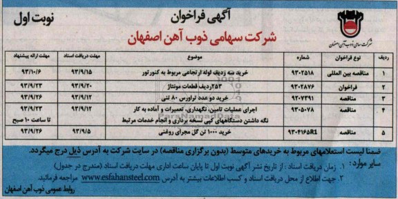 آگهی فراخوان , مناقصه خرید سه ردیف لوله ارتجاعی مربوط به کنورتور