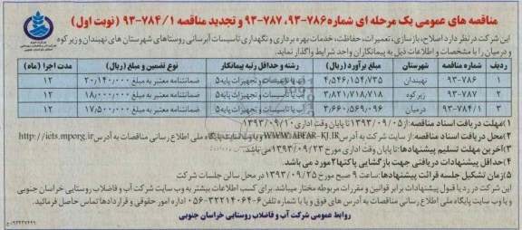 مناقصه های عمومی یک مرحله ای , مناقصه نگهداری تاسیسات آبرسانی