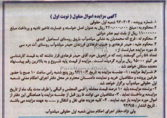 مزایده اموال منقول , مزایده اموال منقول تعداد 58 راس گوسفند زنده