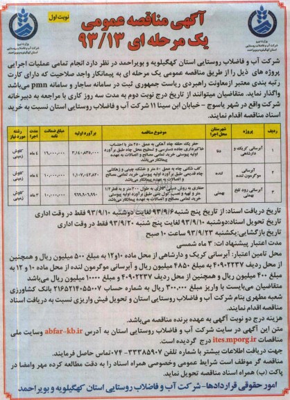 آگهی مناقصه عمومی یک مرحله ای, مناقصه آبرسانی