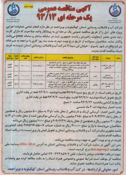 آگهی مناقصه عمومی یک مرحله ای, مناقصه آبرسانی