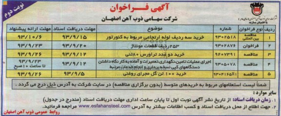 آگهی فراخوان , مناقصه خرید سه ردیف لوله ارتجاعی مربوط به کنورتور