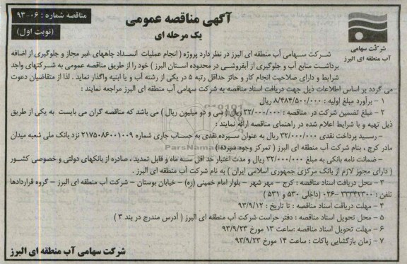 آگهی مناقصه عمومی یک مرحله ای, مناقصه انجام عملیات انسداد چاههای غیرمجاز و جلوگیری از اضافه برداشت منابع آب و جلوگیری از آبفروشی