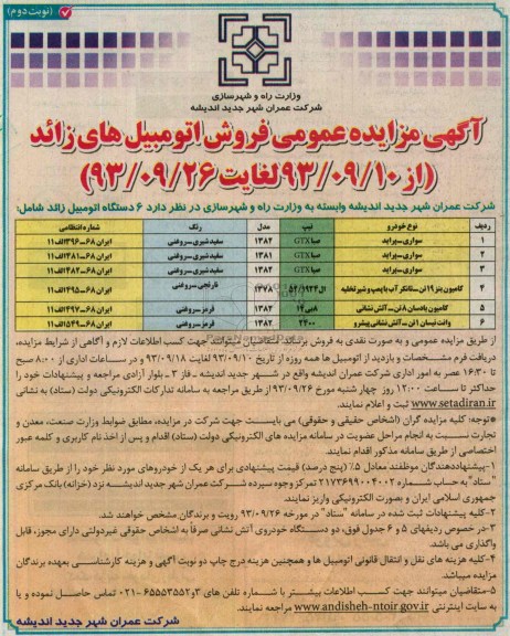 آگهی مزایده عمومی , مزایده 6 دستگاه اتومبیل زائد