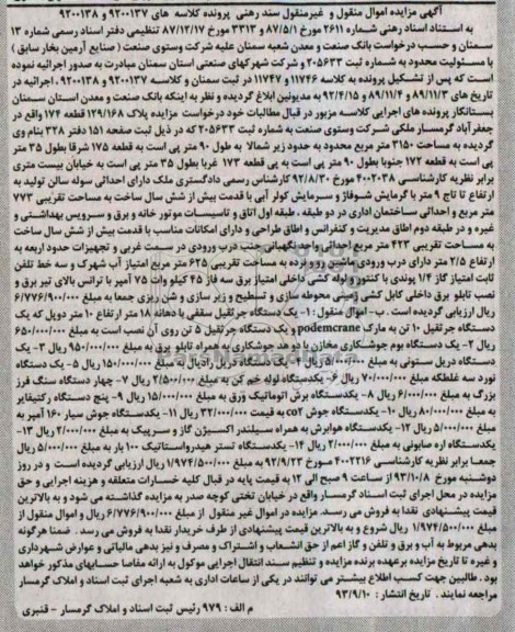 مزایده اموال منقول و غیرمنقول , مزایده اموال منقول و غیرمنقول یک دستگاه جرثقیل سقفی