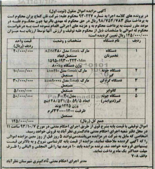 مزایده اموال منقول , مزایده اموال منقول دستگاه تخمیر نان