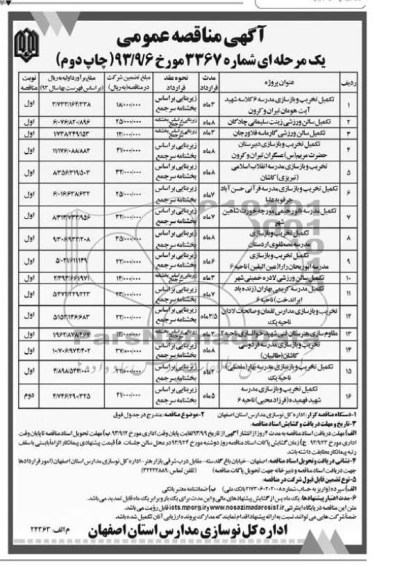 آگهی مناقصه عمومی یک مرحله ای , مناقصه تکمیل تخریب و بازسازی مدرسه 6 کلاسه و ...