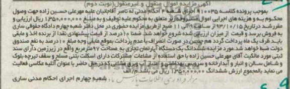 مزایده فروش یکدستگاه اپارتمان تجاری