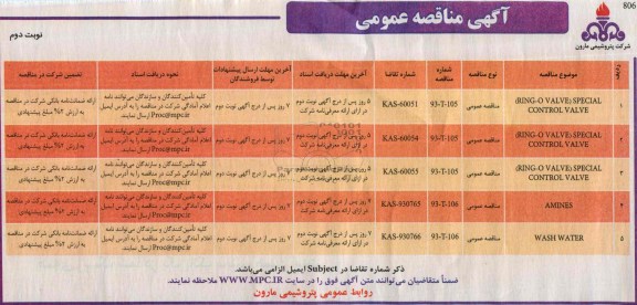 آگهی مناقصه عمومی , مناقصه RING-O VALVE SPECIAL CONTROL VALVE و ...
