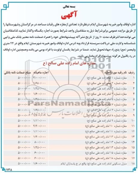 مزایده , مزایده تعدادی از مغازه های رقبات مساجد