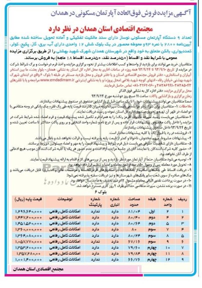 مزایده , مزایده تعداد 9 دستگاه آپارتمان مسکونی نوساز