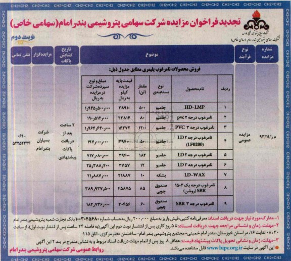 تجدید فراخوان مزایده, مزایده فروش محصولات نامرغوب پلیمری
