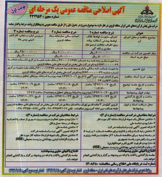 آگهی اصلاحی مناقصه عمومی یک مرحله ای , مناقصه اجرای ساپورت لوله ها غلاف لوله ها پوشش آسفالت 