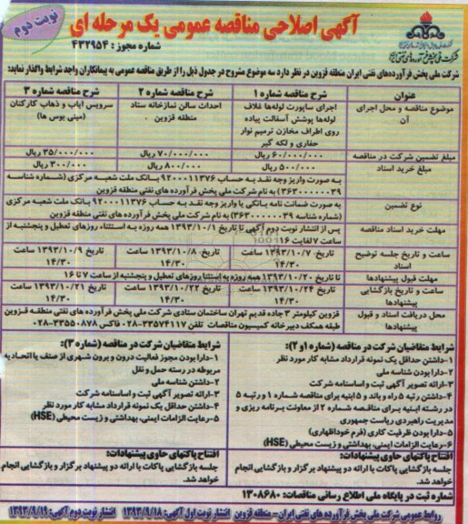 آگهی اصلاحی مناقصه عمومی یک مرحله ای , مناقصه اجرای ساپورت لوله ها غلاف لوله ها پوشش آسفالت 