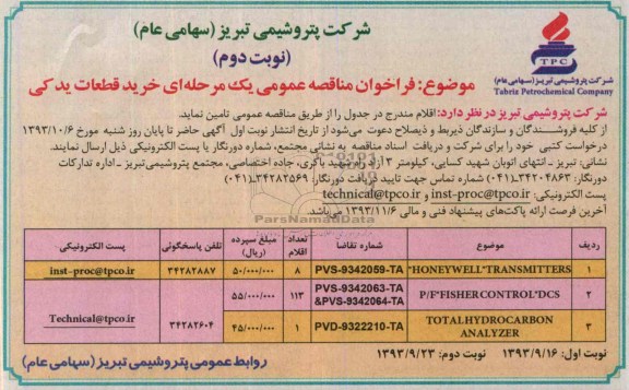 مناقصه عمومی یک مرحله ای , مناقصه عمومی یک مرحله ای خرید قطعات یدکی