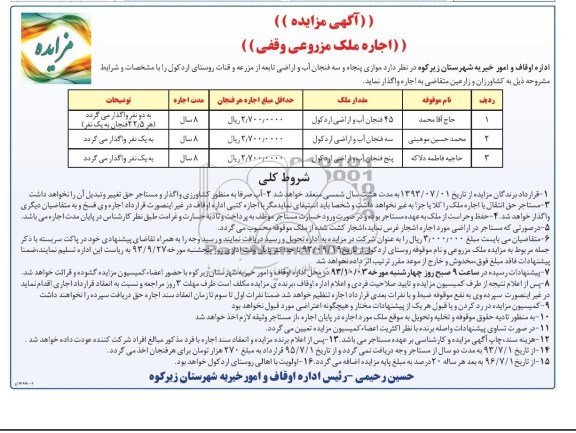 اگهی مزایده , مزایده اجاره ملک مزروعی 