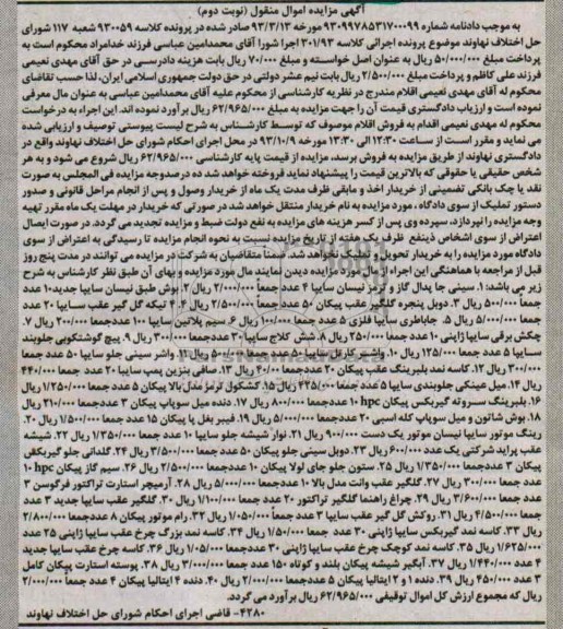 آگهی مزایده , مزایده فروش سینی جاپدال گاز و ترمز نیسان سایپا و ...