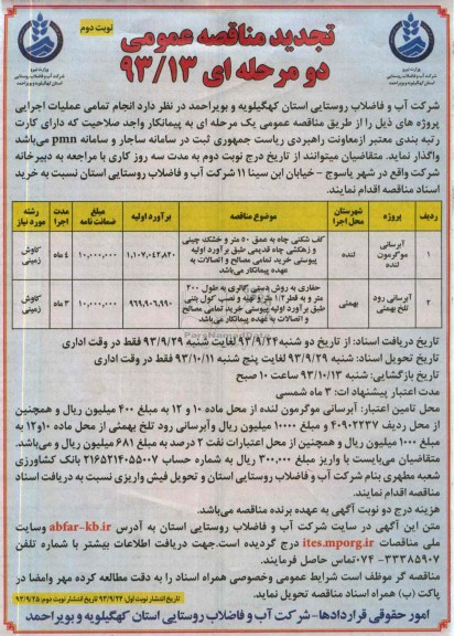 تجدید مناقصه عمومی یک مرحله ای, تجدید  مناقصه آبرسانی