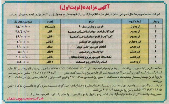 مزایده , مزایده اقلام مازاد ، خودرو پژو پارس ، آهن آلات و ...