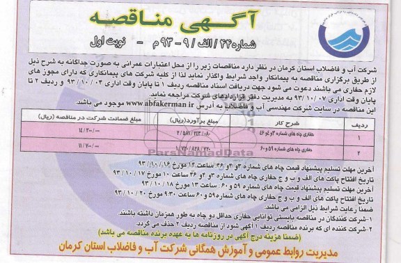 آگهی مناقصه , مناقصه حفاری چاه