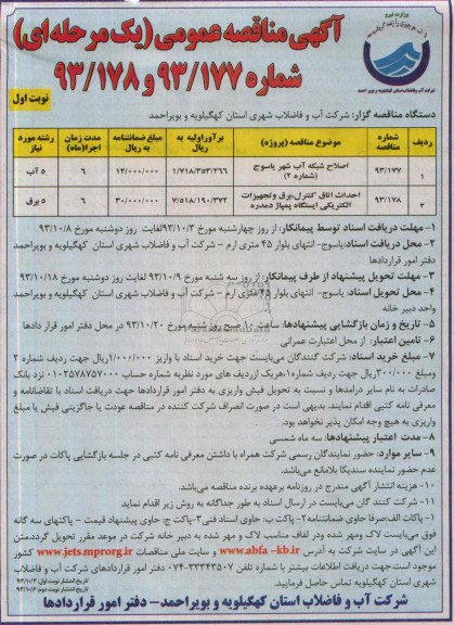 آگهی مناقصه عمومی یک مرحله ای , مناقصه اصلاح شبکه آب شهر 