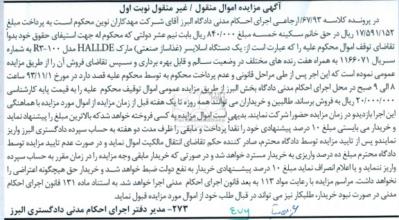 آگهی مزایده اموال منقول/غیرمنقول,یک دستگاه اسلایسر غذاساز