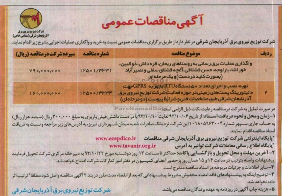 آگهی مناقصه, مناقصه  واگذاری عملیات برق رسانی به روستاهای ریحان 
