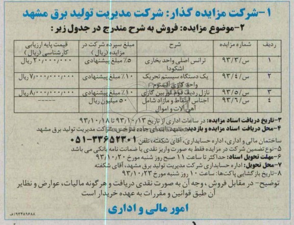 مزایده , مزایده ترانس اصلی واحد بخاری اشکودا
