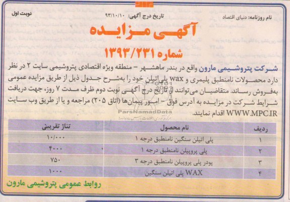 آگهی مزایده مزایده محصولات نامنطبق پلیمری و wax پلی اتیلن