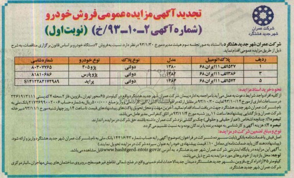 تجدید آگهی مزایده عمومی,تجدید مزایده فروش خودرو