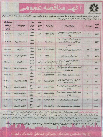 مناقصه عمومی , مناقصه عمومی عملیات اصلاح هندسی در سطح نواحی 1 و 4 و 6