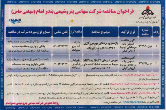 فراخوان مناقصه , مناقصه  بازسازی پره های توربین گازی BBC13D واحد نیروگاه 