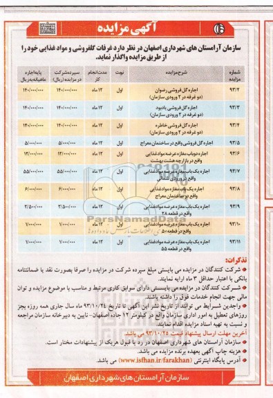 آگهی مزایده,مزایده غرفات گلفروشی