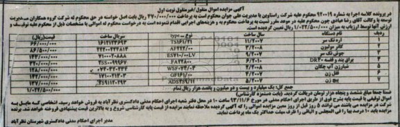 آگهی مزایده اموال منقول/غیرمنقول, مزایده اره تک سر و ...