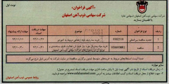 فراخوان , فراخوان  خرید سه ردیف لوله ازتجاعی مربوط به کنورتور