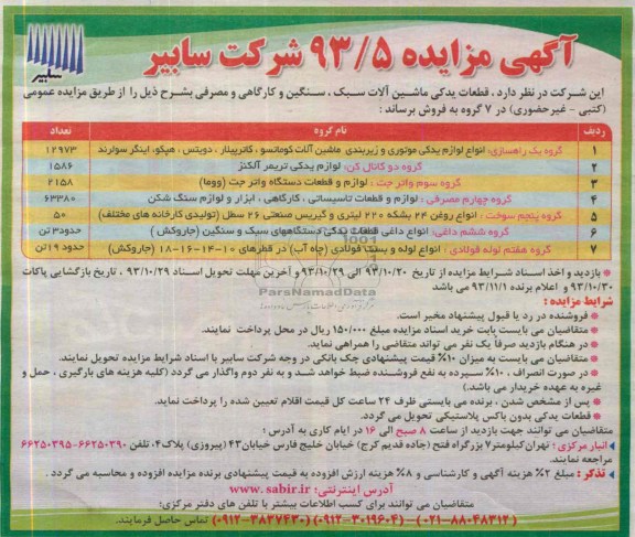 مزایده , مزایده قطعات یدکی ماشین آلات سبک ، سنگین و کارگاهی و مصرفی
