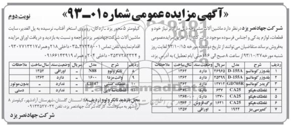 مزایده عمومی , مزایده عمومی ماشین آلات مازاد و قطعات ، لوازم یدکی و اجناس فرسوده