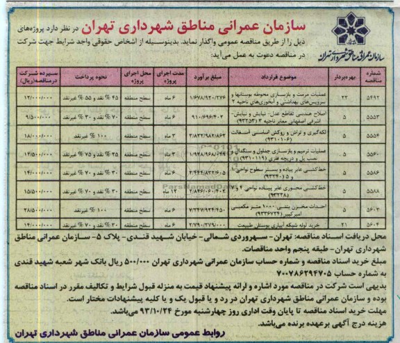 مناقصه , مناقصه عملیات مرمت و بازسازی محوطه بوستانها و سرویس های بهداشتی و آبخوری های...