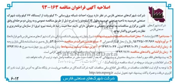 اصلاحیه آگهی فراخوان مناقصه, اصلاحیه مناقصه پروژه احداث شبکه برق رسانی 20 کیلوولت 