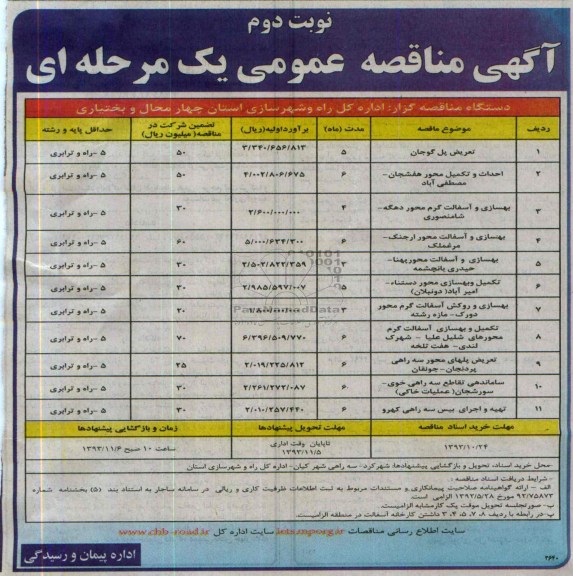 آگهی مناقصه عمومی یک مرحله ای , مناقصه تعریض پل ..