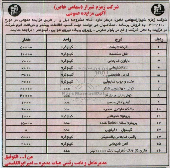 آگهی مزایده عمومی, مزایده فروش خرده شیشه، شل شکسته و ...