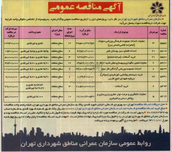 آگهی مناقصه عمومی, مناقصه عملیات احداث مجموعه فرهنگی ورزشی ده ونک ......