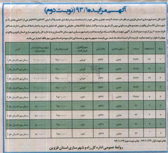 مزایده,واگذاری 9 واحد تجاری ملکی