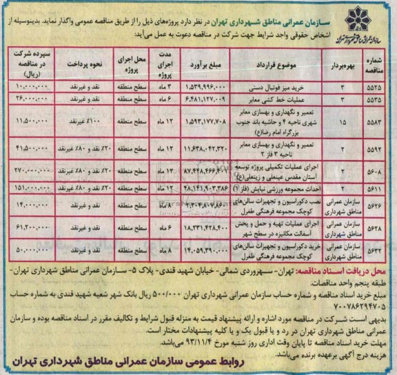آگهی مناقصه عمومی, مناقصه نصب دکوراسیون و تجهیزات سالن های کوچک مجموعه فرهنگی طغرل.....