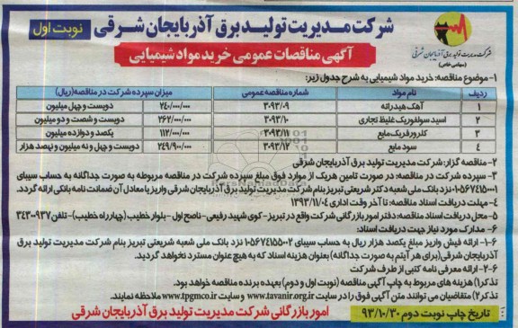 آگهی مناقصات عمومی , مناقصه خرید مواد شیمیایی