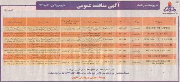 SPARE PART FOR PUMP KSBمناقصه عمومی , مناقصه عمومی