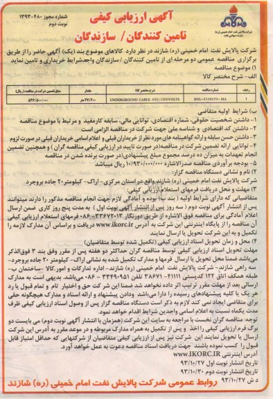 ارزیابی کیفی تامین کنندگان, ارزیابی مناقصه UNDERGOUND CABLE 600/1000 VOLTS