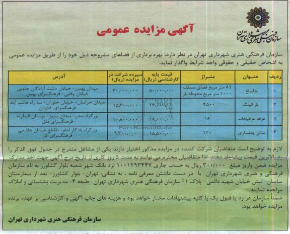 آگهی مزایده عمومی,مزایده بهره برداری از فضاهای مشروحه