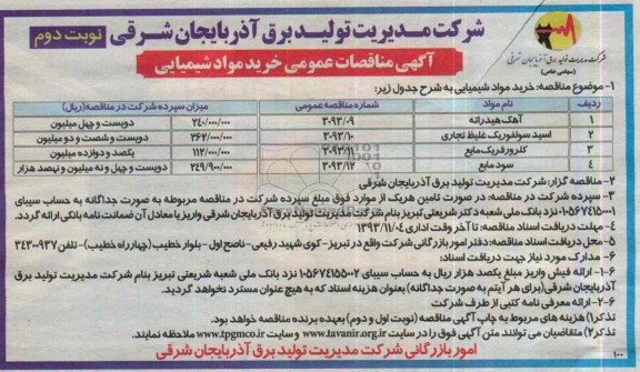 آگهی مناقصات عمومی , مناقصه خرید مواد شیمیایی